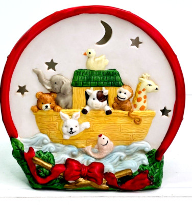 Vintage Porcelain Drum Noah's Ark Votive Candle Lite 6'' With Box Robert Alan