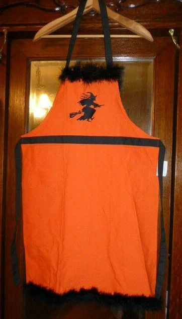 Delantal babero de algodón naranja con ribete de bruja y marabú bordado negro de Halloween, nuevo con etiquetas Foto 4 de 4