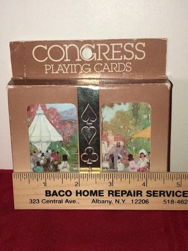 VTG BOXED CONGRESS SET 2 DECKS PLAYING CARDS VICTORIAN GARDEN PARTY THEME EUC - Picture 2 of 8