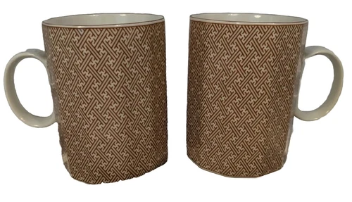 Vtg Fitz & Floyd Ajiro Pair Mugs Brown Geometric Boho Retro 1978 Abstract Chip