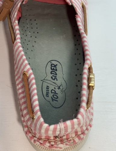 Sperry Top Sider Boat Shoe Womens 12 Seersucker Striped Coral Pink Raw Hide Lace - Picture 9 of 14