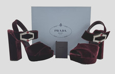 $990 Prada Burgundy Velvet Platform Sandals 8 US 38 EU Jeweled Buckle Shoes MINT
