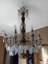 Lampadario ottone vintage A Sei luci gocce cristallo Fusto In  legno Dipinto