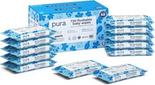 Pura Flushable Baby Wipes 12 x 60 per pack, (720 Water Based Wet Wipes) 100% Pla