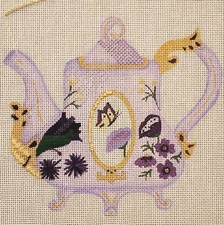 Tea Pot Flowers Butterfly Purple Needlepoint Canvas STARTED Hand Painted 18 Ct