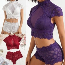 Short Sleeve Pajamas Set for Women Lace Two Pieces Lingerie Sleepwear Underwear