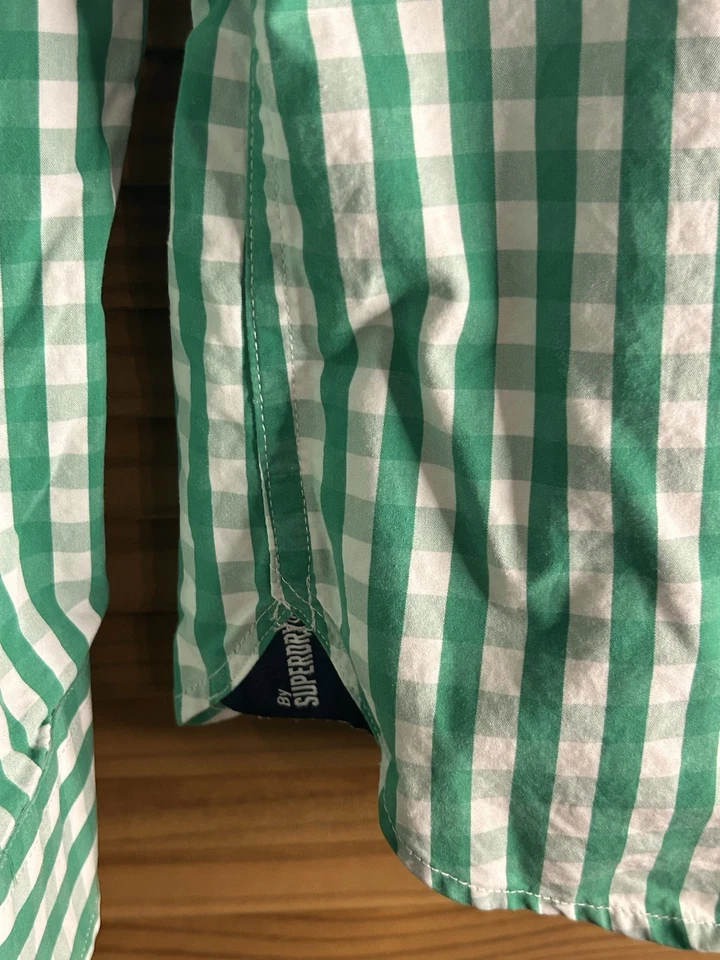 Superdry Button Down Shirt Men's Size Large L Green White Checkered Long Sleeve - Image 2 of 4