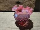 Vintage Fenton Cranberry Hobnail Opalescent Glass Bud Vase Ruffled Edges 4.5" T