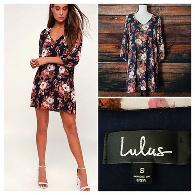 Lulus Shift Dress Size S Navy Floral Cold Shoulder Shifting Dears Made In USA 