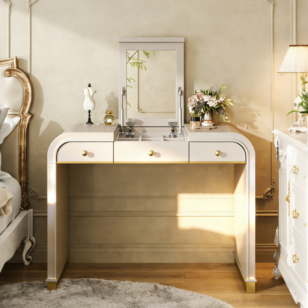 gold dressing table accessories 3-in-1 Vanity Desk and with Flip Up Mirror w/ 2 Drawers & Storage One Shoulder