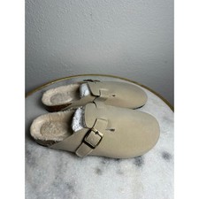 Women Suede Clogs Faux Fur Lined Buckle Mule Slippers Beige Tan NEW