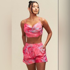 Pink Blue Marble Print Crop Top Shorts Set Women Summer Vacation Co-Ord S New