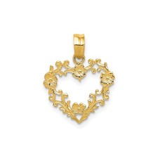 14k Yellow Gold Heart Pendant Openwork Floral Scrollwork Charm for Women