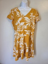 Old Navy Mustard Yellow Tropical Floral Print Flutter Sleeve Dress Womens L