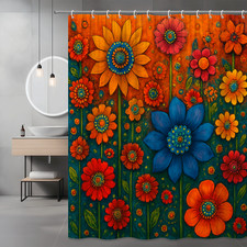 Colorful Floral Shower Curtain with Sunflowers and Blue Flowers