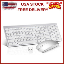 Wireless Keyboard and Mouse Silver White Full Size 2.4G USB portables Quiet C...