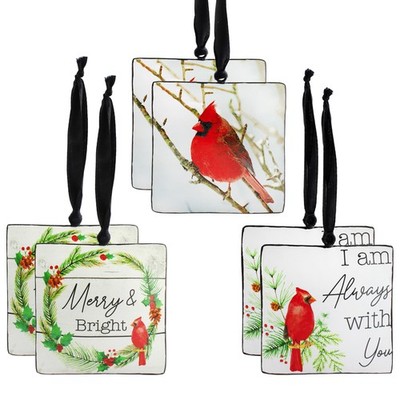 Cardinal Square Christmas Ornaments Set of 6, Vintage Style Painted Metal