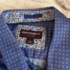 Johnston  Murphy Mens L Blue Print Sleek Business Casual Workwear Button Shirt
