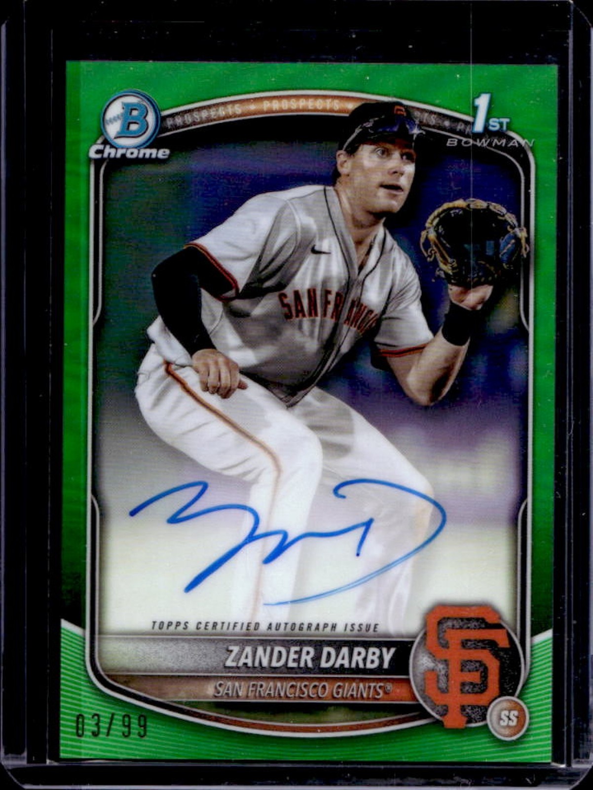 2025 Bowman Chrome Zander Darby Auto Green Refractor 1st Prospect #3/99 Giants