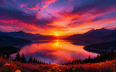 Stunning Sunset Landscape Digital Art Wallpaper HD Background AI Image