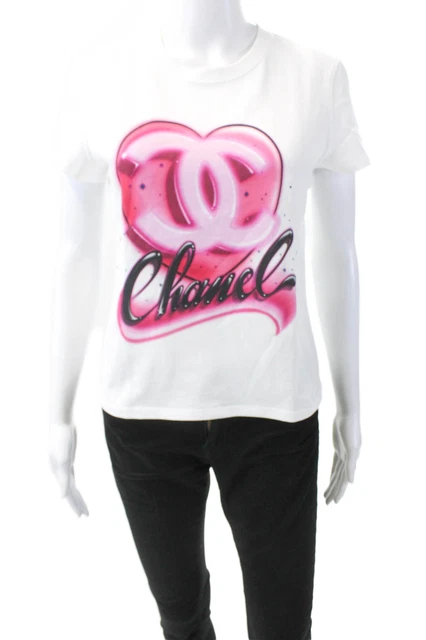 Chanel Womens Short Sleeve Heart Logo CC Tee Shirt Pink Cotton Size Small