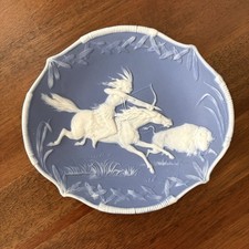 Antique Gebruder Heubach Blue Jasperware Native American Buffalo Hunt Dish