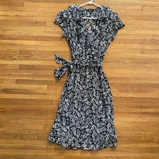 MSK Dress Womens 8 Black White Leaf Print Chiffon Wrap Tie Waist Short Sleeve