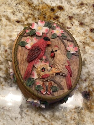 Ceramic Trinket Box Cardinal Decoration Lid Cardinal Family Nest Oval