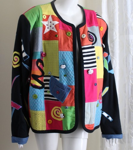 CRYSTAL Funky Sz 2X Wild Handwoven Patchwork Funky Blazer Jacket MIXED MEDIA