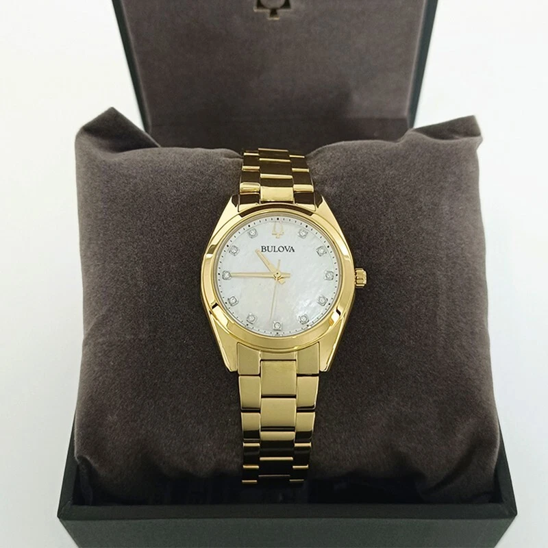 Женские кварцевые часы Bulova Surveyor с бриллиантами золотым браслетом белым циферблатом 97P172 31 мм - Изображение 2 из 4