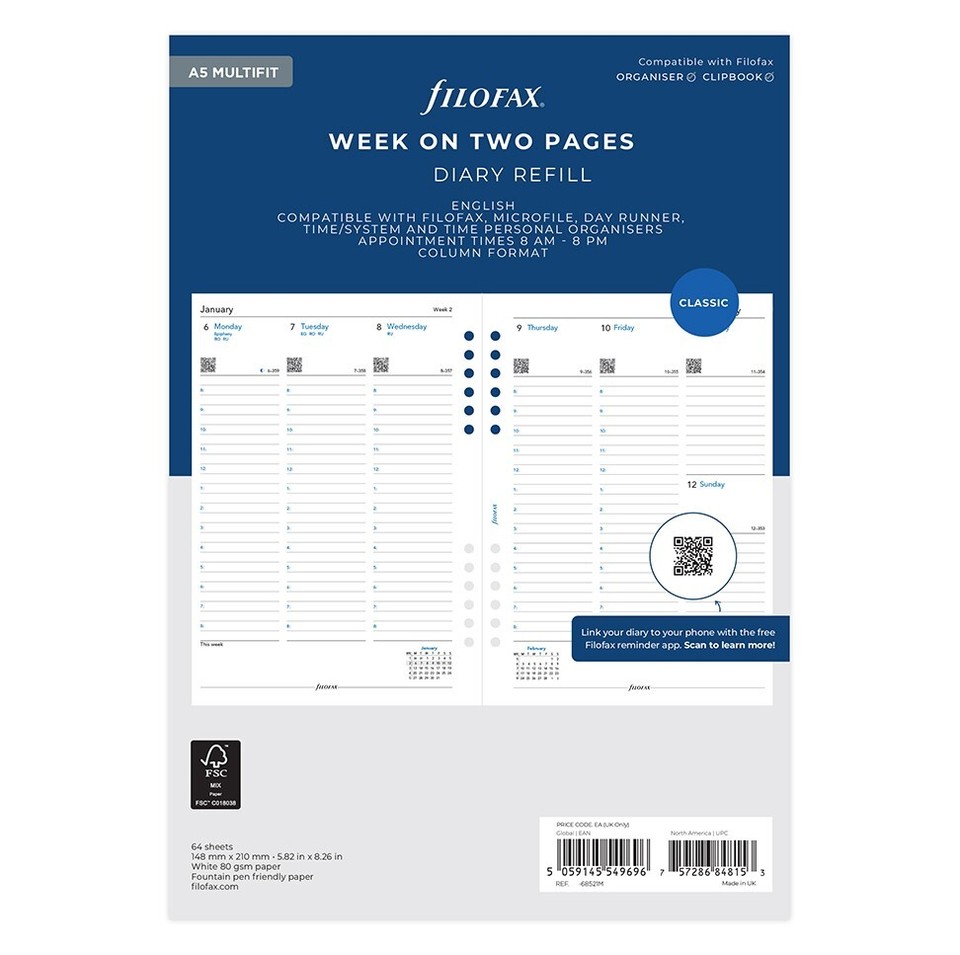 Filofax A5 Refill Diary 2027 or 2026 Organiser Insert Refills - FULL ...