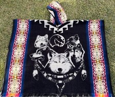 Native American Wolf Alpaca Poncho,Unisex One Size. Adult Size Made In Ecuador
