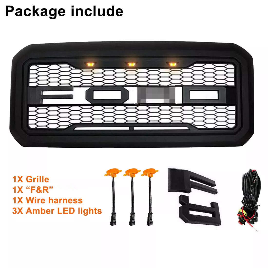Grille For 2011-2016 F250 F350 Super Duty Grill Raptor Style W/LEDs Matte Black