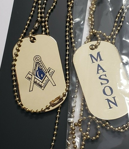 Mason Gold Double-Sided Dog Tag W/Chain Necklace - Masonic GOLD Tone Tags - Picture 7 of 7
