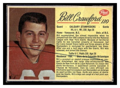 1963 POST CEREAL CFL FOOTBALL BILL CRAWFORD #110 CALGARY STAMPEDERS LOW GRADE