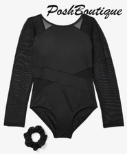 NWT Girl JUSTICE Leotard Black Sheer Long Sleeve Dance Gymnastic 6 8 10 12 16 18