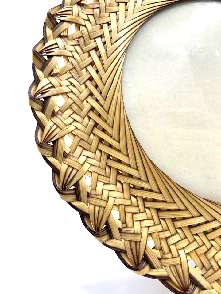 "Soporte redondo de marco de fotos de mimbre de ratán tejido marrón crema vintage 5"" diámetro interior ⭕" Foto 2 de 4