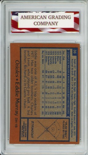 1978 TOPPS #36 EDDIE MURRAY AGC 7 NRMT ROOKIE CARD BALTIMORE ORIOLES LEGEND - Picture 2 of 2
