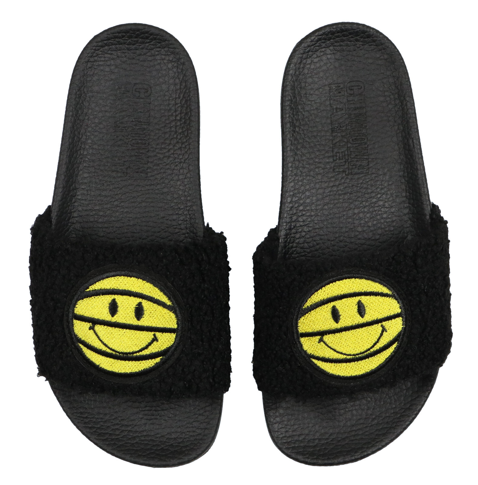 PANTOFOLA D’ORO Sandali CHINATOWN MARKET giovani Sherpa Ball Happy Face Slide taglia 5Y neri gialli