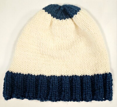 Beanie Knit Hat Winter Stocking Cap Cuffed Handmade Off White Blue
