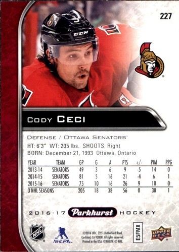 2016-17 Parkhurst RED #227 Cody Ceci OTTAWA SENATORS - Picture 2 of 2
