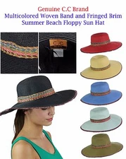 NEW C.C Multicolored Woven Band and Fringed Brim Summer Beach Floppy CC Sun Hat