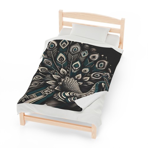 Velveteen Plush Blanket Peacock Majestic Plumage Geometric Elegance Art Deco Fun - Picture 18 of 19