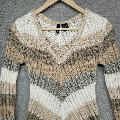 Ultra Flirt Womes Beige Gray Stiped Knit Tunic V Neck Long Sweater Pullover S - Picture 2 of 21