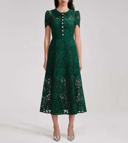 Vestido midi para mujer autorretrato de encaje manga corta calce y acampanado - Imagen 2 de 6