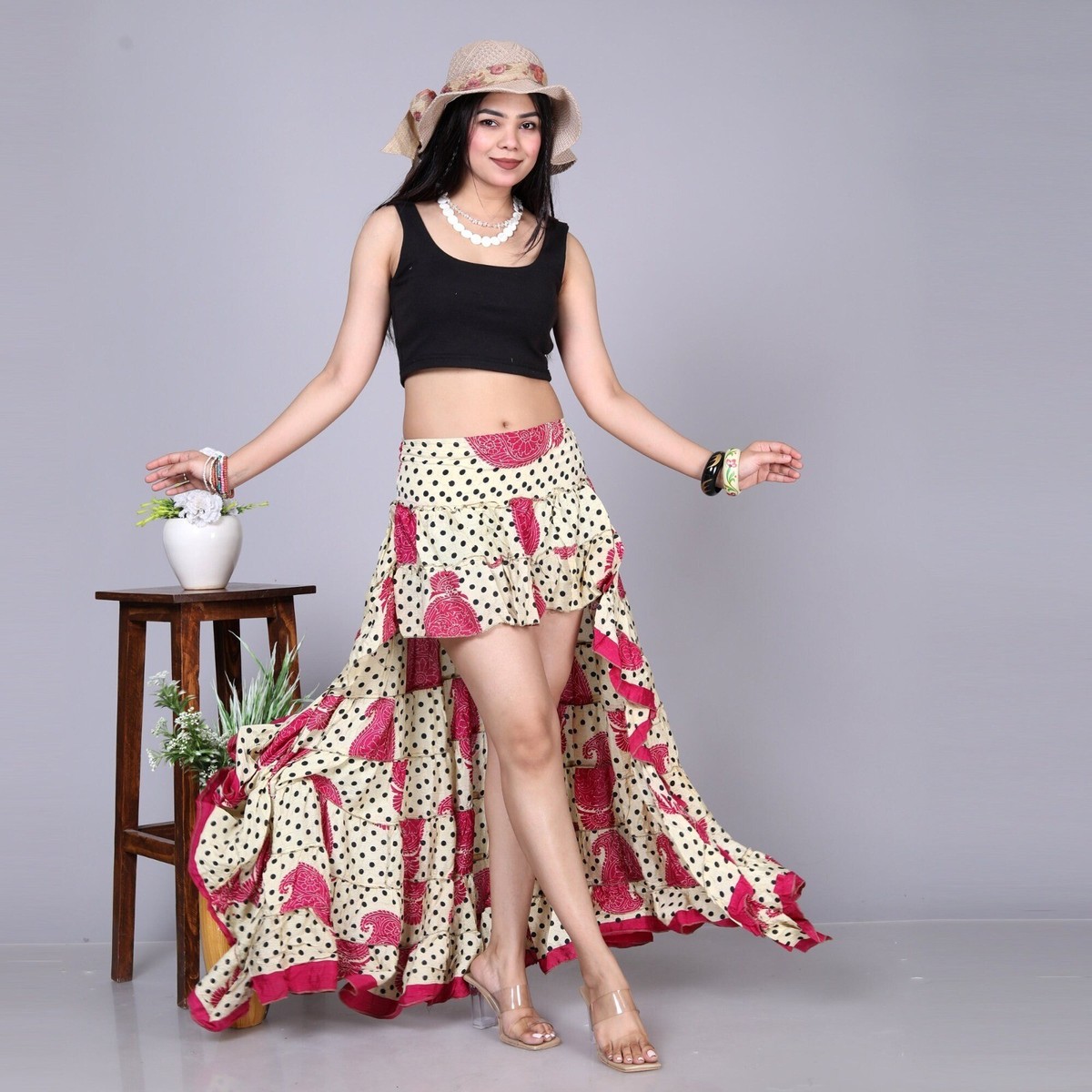 Womens Long Boho Gypsy Skirt Ruffle Boho Maxi Skirt Recycle Sari