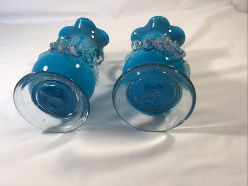 2 Vintage Stevens & Williams Ruffled Hand-Blown Applied Vase Turquoise/Red 6.5" - Picture 9 of 13