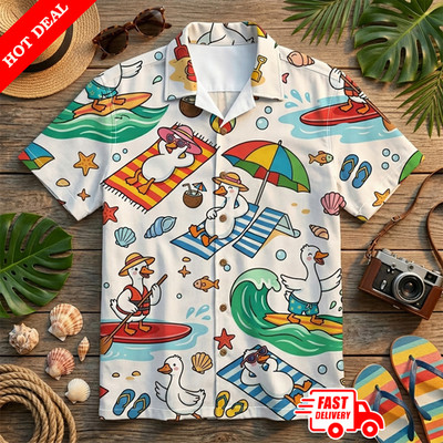 Cartoon Duck Men Hawaiian Shirt White Aloha Button Down Short Sleeve Beach