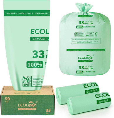 33 Gallon Compostable Trash Garbage Bags, 50 Count (2 Rolls) Biodegradable Heavy