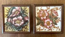 2 Antique Victorian Floral Fireplace Tiles /Wood Framed
